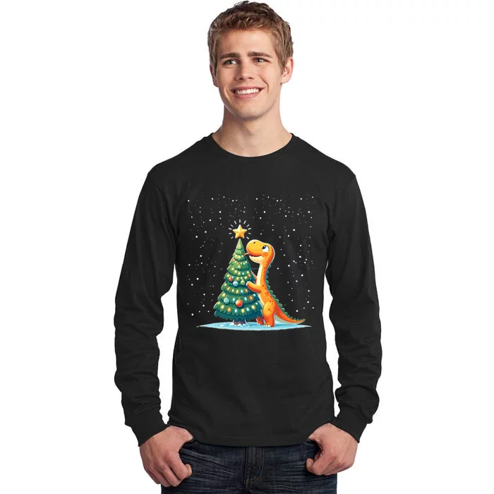 Cute Dinosaur With Christmas Tree And Star Cartoon Funny Tall Long Sleeve T-Shirt