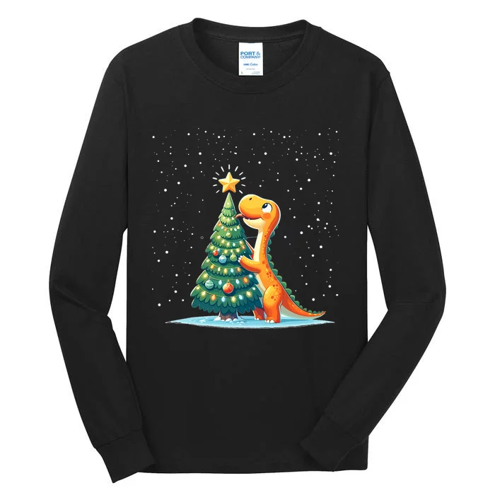 Cute Dinosaur With Christmas Tree And Star Cartoon Funny Tall Long Sleeve T-Shirt