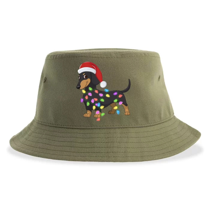 Christmas Dachshund With Santa Hat And Christmas Lights Gift Cute Gift Sustainable Bucket Hat