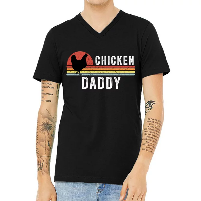 Chicken Daddy With Retro Sunset, Farmer, Funny Chicken Lover V-Neck T-Shirt