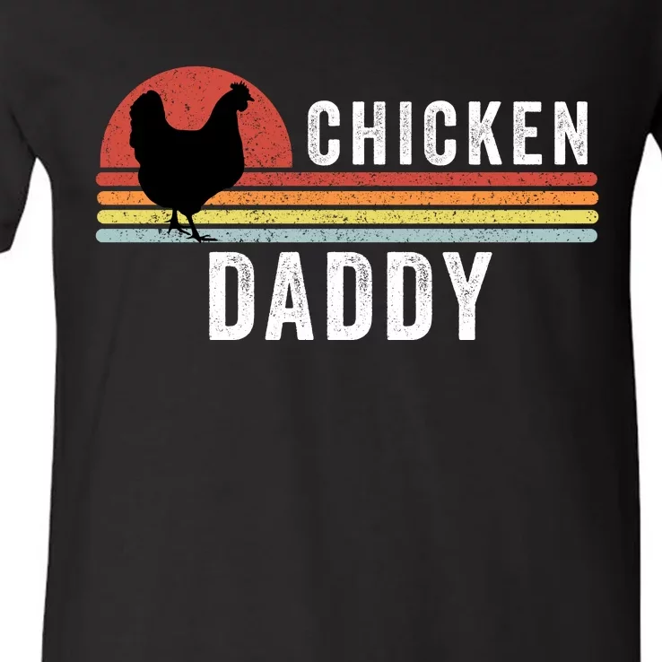 Chicken Daddy With Retro Sunset, Farmer, Funny Chicken Lover V-Neck T-Shirt