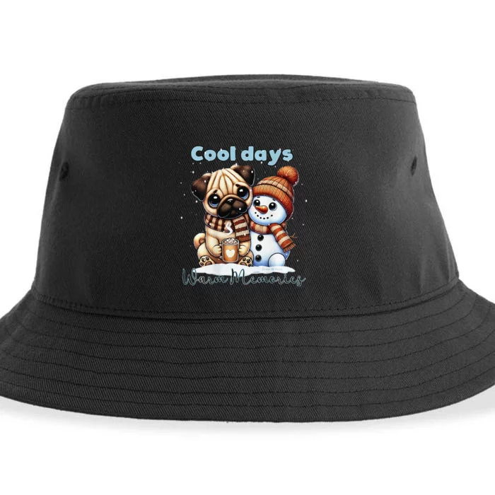 Cool Days Warm Memories Pug And Snowman Friend Share Cocoa Sustainable Bucket Hat