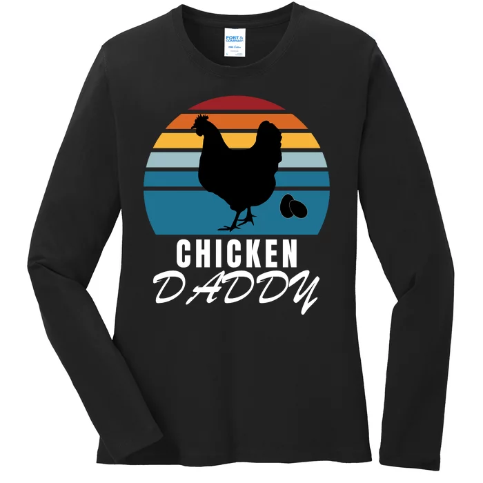 Chicken Daddy With Retro Sunset, Farmer Funny Chicken Lover Ladies Long Sleeve Shirt