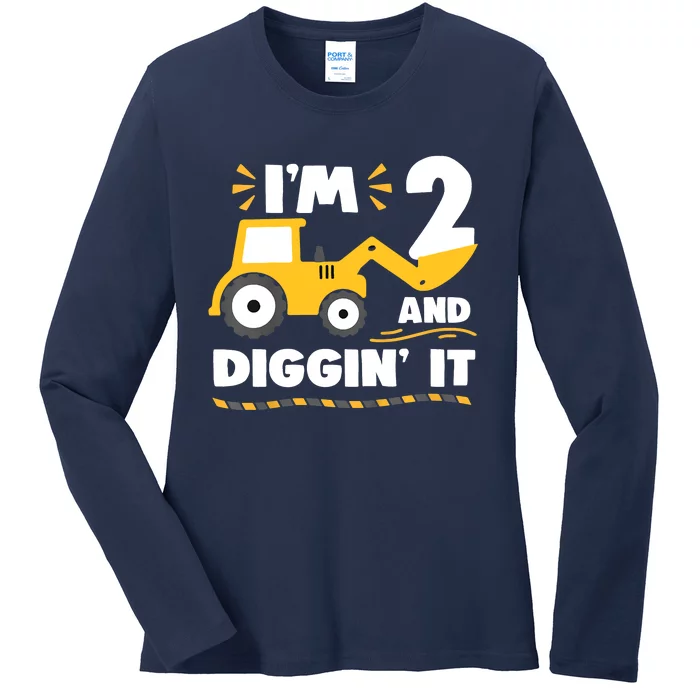 Construction Excavator 2 Years Old 2nd Birthday Ladies Long Sleeve Shirt