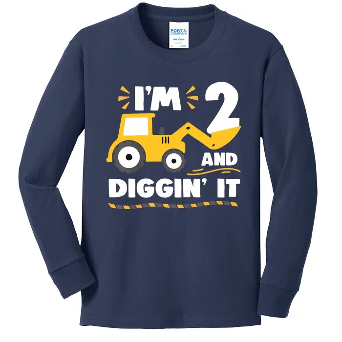 Construction Excavator 2 Years Old 2nd Birthday Kids Long Sleeve Shirt