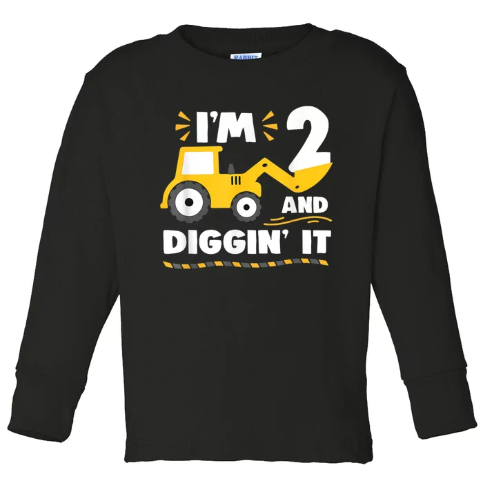 Construction Excavator 2 Years Old 2nd Birthday Boy Gift Toddler Long Sleeve Shirt