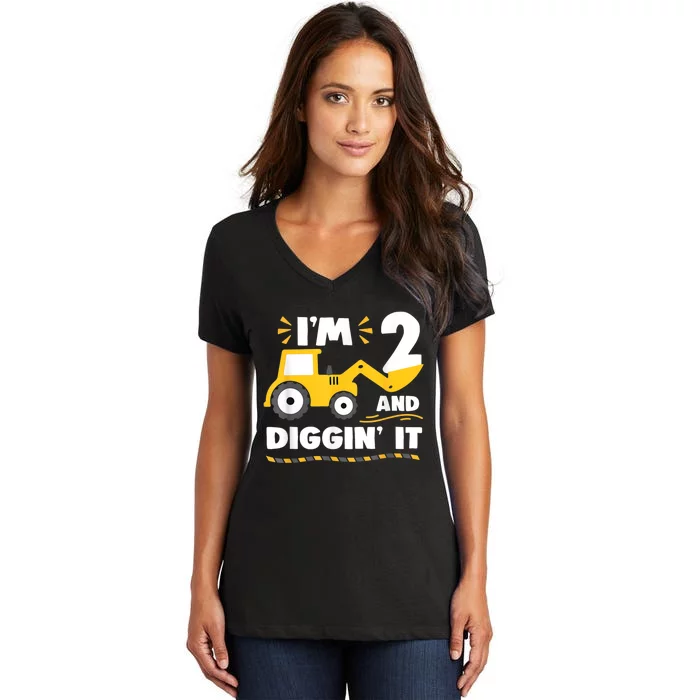 Construction Excavator 2 Years Old 2nd Birthday Boy Gift Women's V-Neck T-Shirt