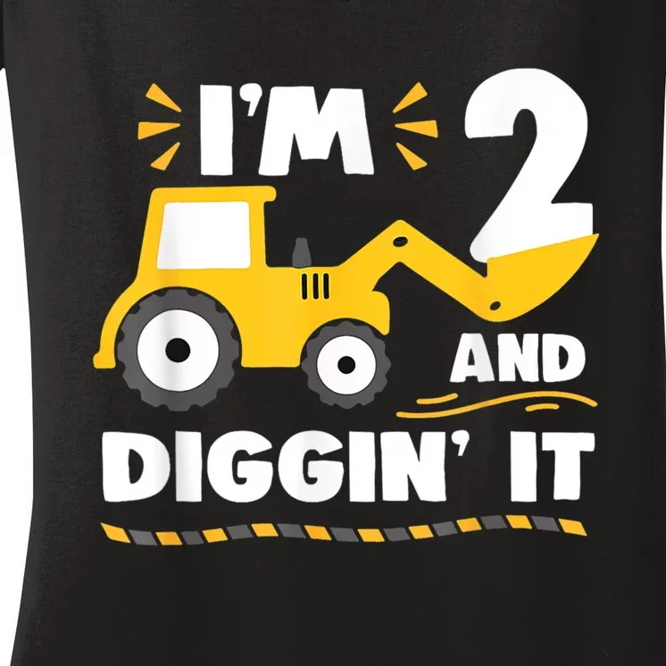 Construction Excavator 2 Years Old 2nd Birthday Boy Gift Women's V-Neck T-Shirt