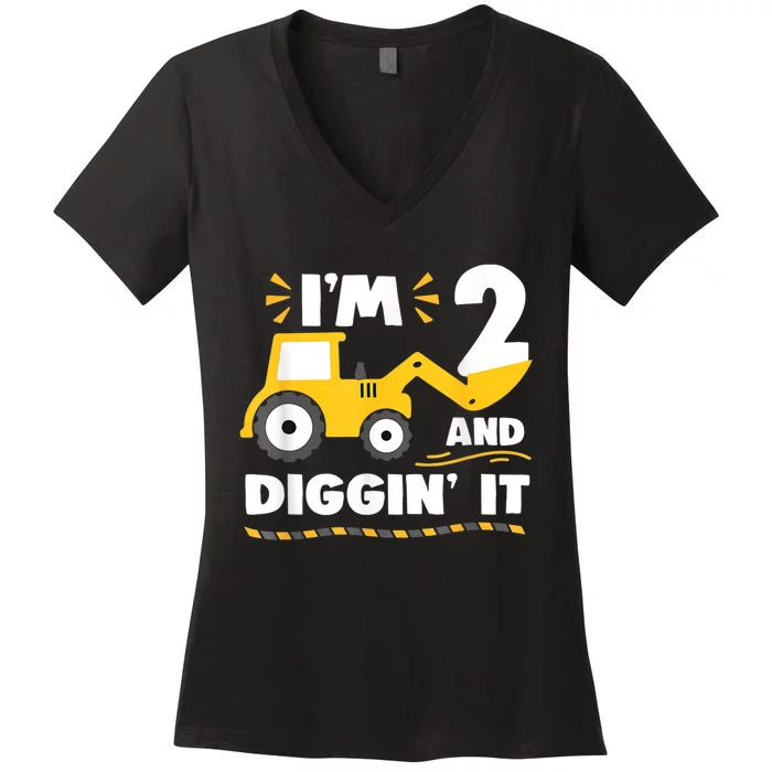 Construction Excavator 2 Years Old 2nd Birthday Boy Gift Women's V-Neck T-Shirt