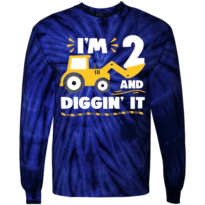 Construction Excavator 2 Years Old 2nd Birthday Tie-Dye Long Sleeve Shirt