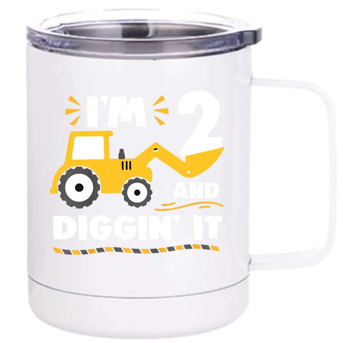 Construction Excavator 2 Years Old 2nd Birthday Front & Back 12oz Stainless Steel Tumbler Cup