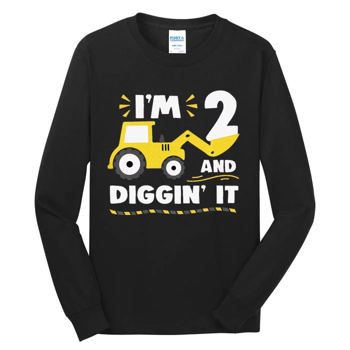 Construction Excavator 2 Years Old 2nd Birthday Tall Long Sleeve T-Shirt