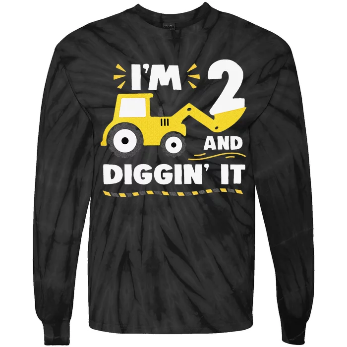 Construction Excavator 2 Years Old 2nd Birthday Tie-Dye Long Sleeve Shirt