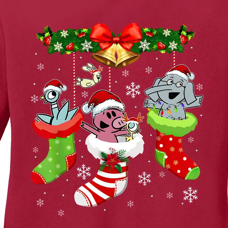 Cute Elephant And Piggie Christmas Ladies Long Sleeve Shirt