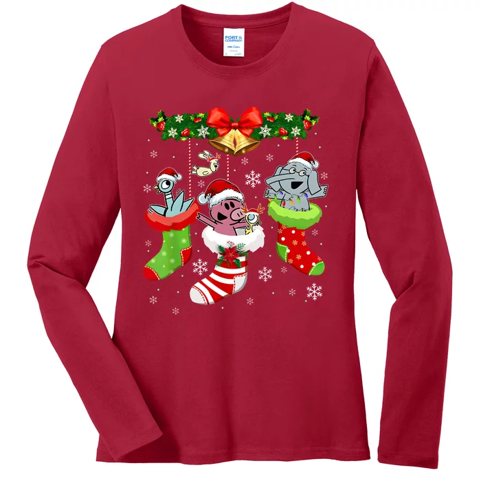 Cute Elephant And Piggie Christmas Ladies Long Sleeve Shirt