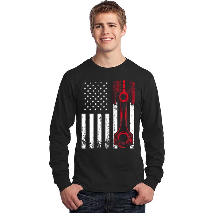 Car Enthusiast  American Flag Piston Muscle Car Gift Tall Long Sleeve T-Shirt