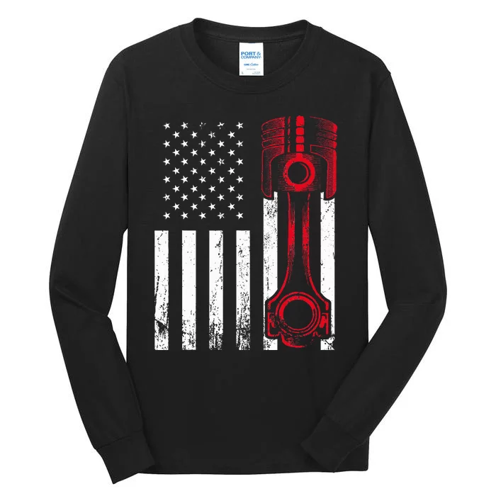 Car Enthusiast  American Flag Piston Muscle Car Gift Tall Long Sleeve T-Shirt