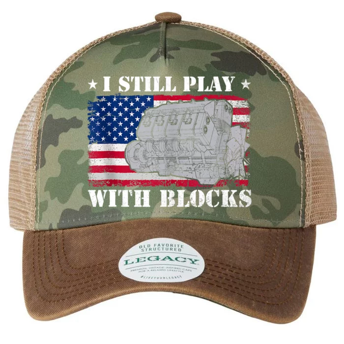 Car Engine Auto Mechanic I Still Play With Blocks USA Flag Legacy Tie Dye Trucker Hat