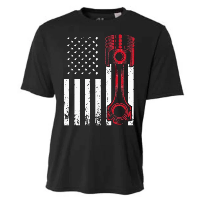 Car Enthusiast American Flag Piston Muscle Car Gift Cooling Performance Crew T-Shirt