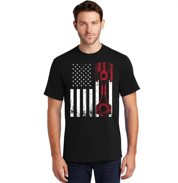 Car Enthusiast American Flag Piston Muscle Car Gift Tall T-Shirt