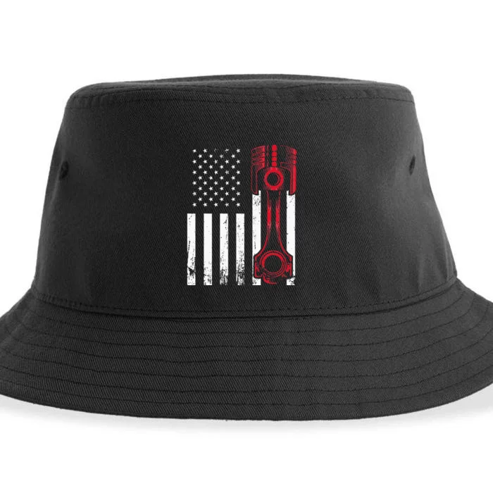 Car Enthusiast American Flag Piston Muscle Car Gift Sustainable Bucket Hat