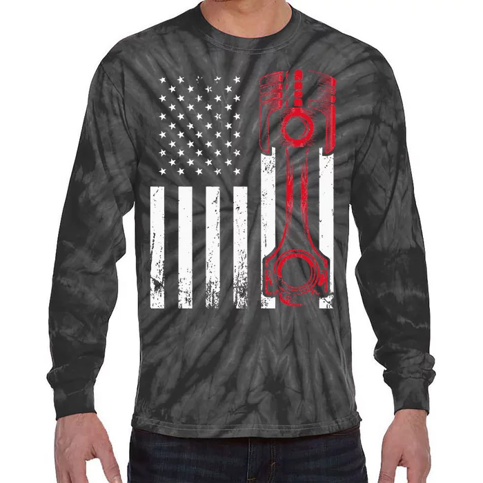 Car Enthusiast American Flag Piston Muscle Car Gift Tie-Dye Long Sleeve Shirt