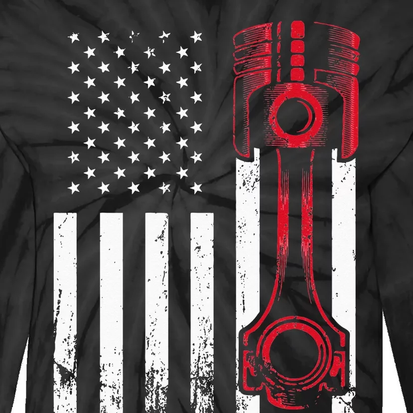 Car Enthusiast American Flag Piston Muscle Car Gift Tie-Dye Long Sleeve Shirt