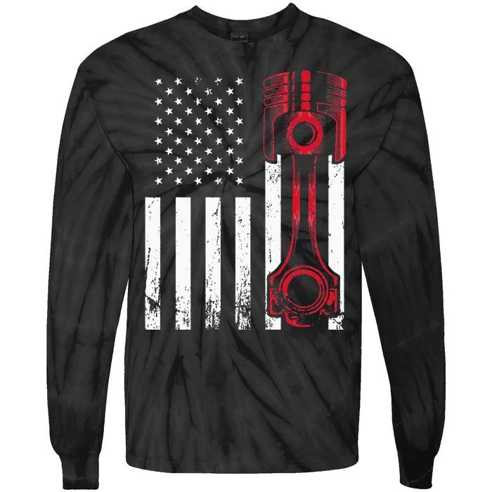 Car Enthusiast American Flag Piston Muscle Car Gift Tie-Dye Long Sleeve Shirt