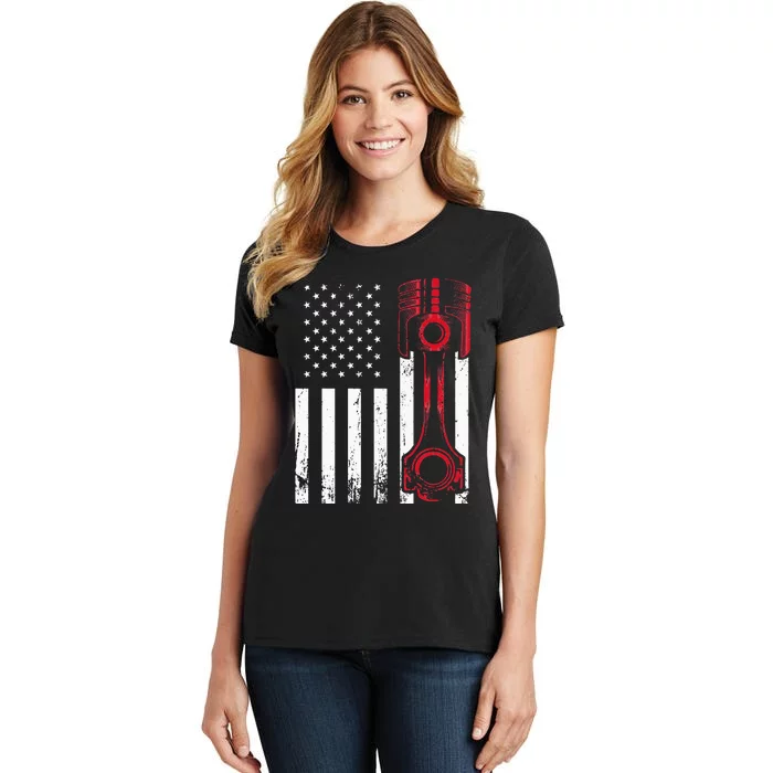 Car Enthusiast American Flag Piston Muscle Car Gift Women's T-Shirt