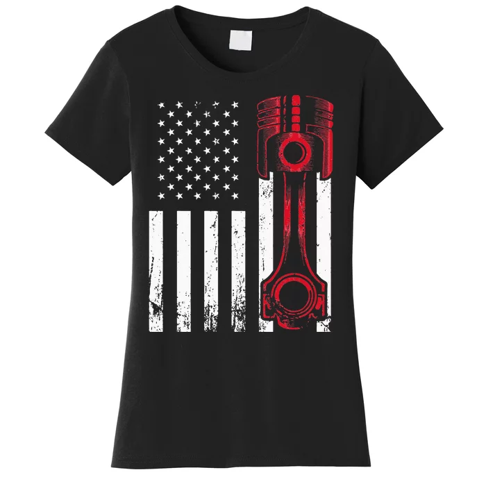 Car Enthusiast American Flag Piston Muscle Car Gift Women's T-Shirt