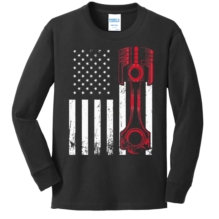 Car Enthusiast American Flag Piston Muscle Car Gift Kids Long Sleeve Shirt