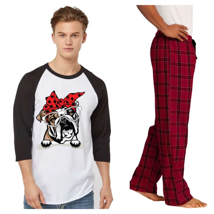 Cute English Bulldog Xmas Red Plaid Headband And Glasses Raglan Sleeve Pajama Set