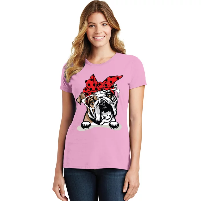 Cute English Bulldog Xmas Red Plaid Headband And Glasses Women's T-Shirt