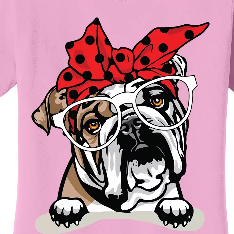 Cute English Bulldog Xmas Red Plaid Headband And Glasses Women's T-Shirt