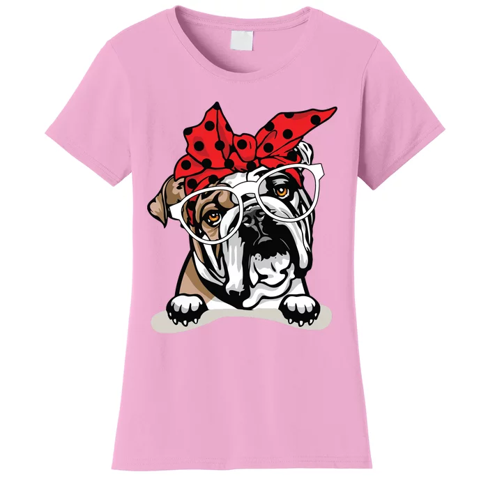 Cute English Bulldog Xmas Red Plaid Headband And Glasses Women's T-Shirt