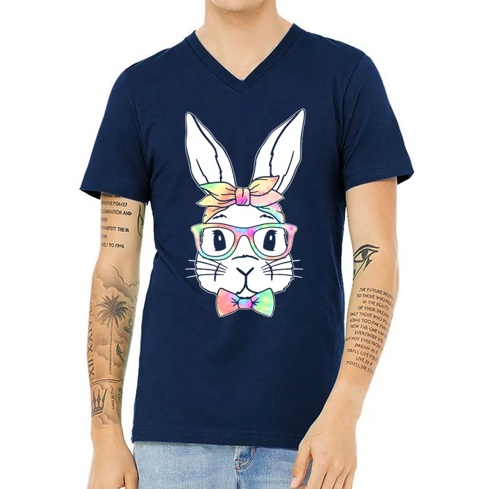 Cute Easter Bunny Pastel Tie Dye Bow Tie Glasses V-Neck T-Shirt