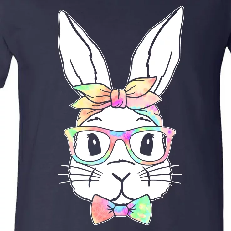 Cute Easter Bunny Pastel Tie Dye Bow Tie Glasses V-Neck T-Shirt