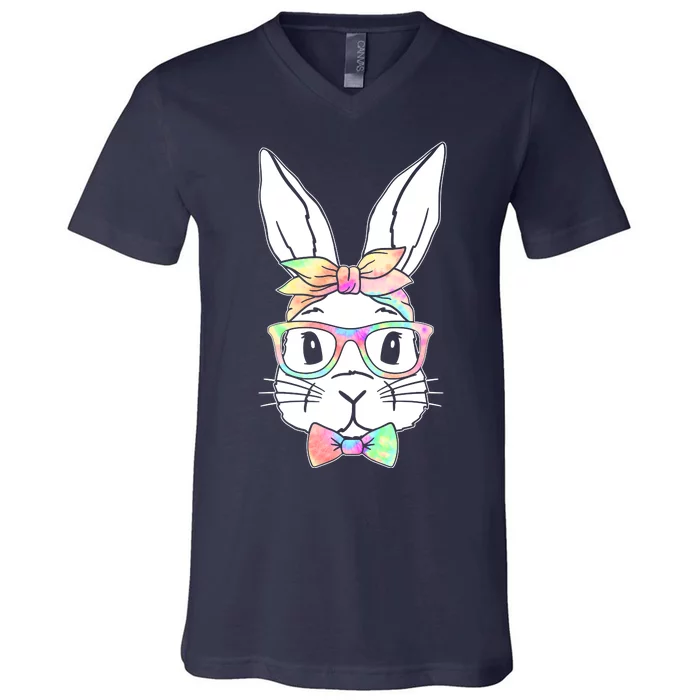 Cute Easter Bunny Pastel Tie Dye Bow Tie Glasses V-Neck T-Shirt