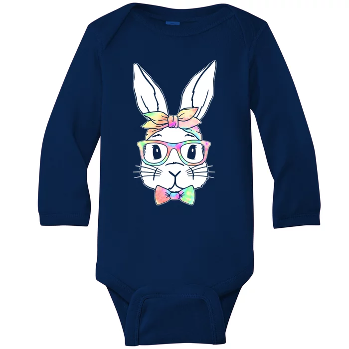 Cute Easter Bunny Pastel Tie Dye Bow Tie Glasses Baby Long Sleeve Bodysuit