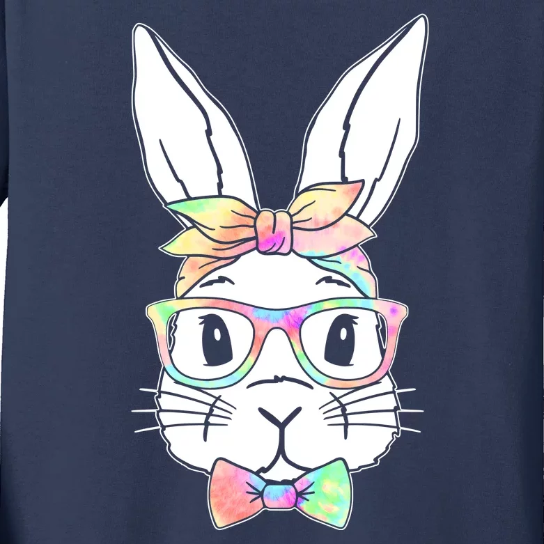 Cute Easter Bunny Pastel Tie Dye Bow Tie Glasses Kids Long Sleeve Shirt