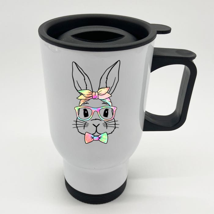 Cute Easter Bunny Pastel Tie Dye Bow Tie Glasses Front & Back Stainless Steel Travel Mug