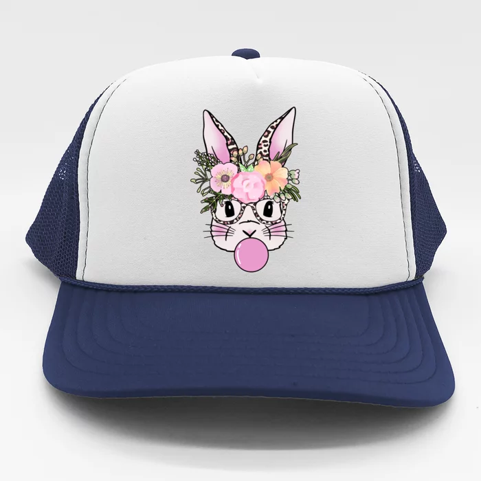 Cute Easter Bunny With Flower Crown And Bubblegum Trucker Hat