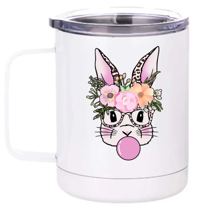 Cute Easter Bunny With Flower Crown And Bubblegum Front & Back 12oz Stainless Steel Tumbler Cup