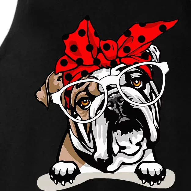 Cute English Bulldog Xmas Red Plaid Headband And Glasses Ladies Tri-Blend Wicking Tank