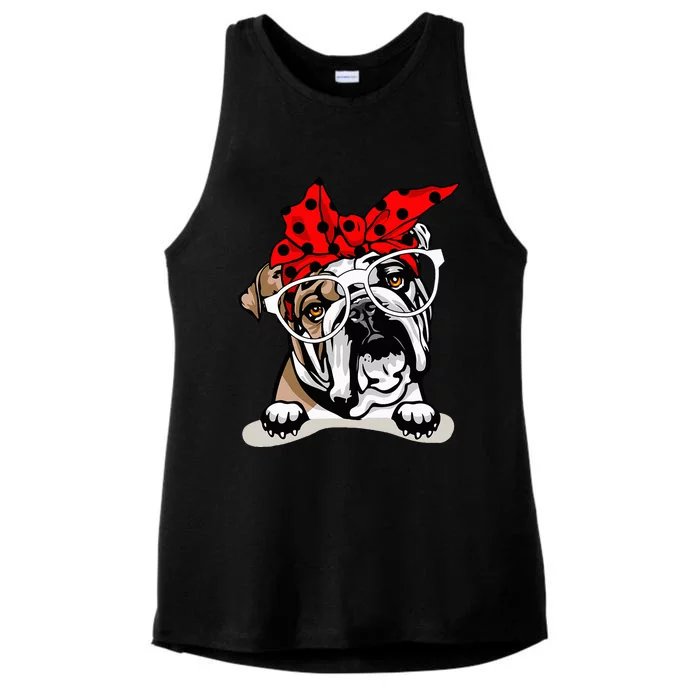 Cute English Bulldog Xmas Red Plaid Headband And Glasses Ladies Tri-Blend Wicking Tank