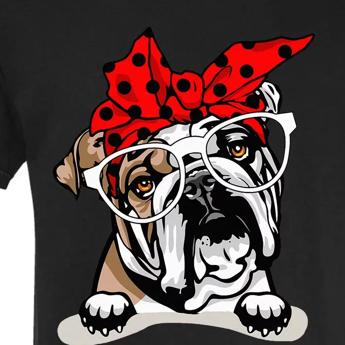 Cute English Bulldog Xmas Red Plaid Headband And Glasses Garment-Dyed Heavyweight T-Shirt