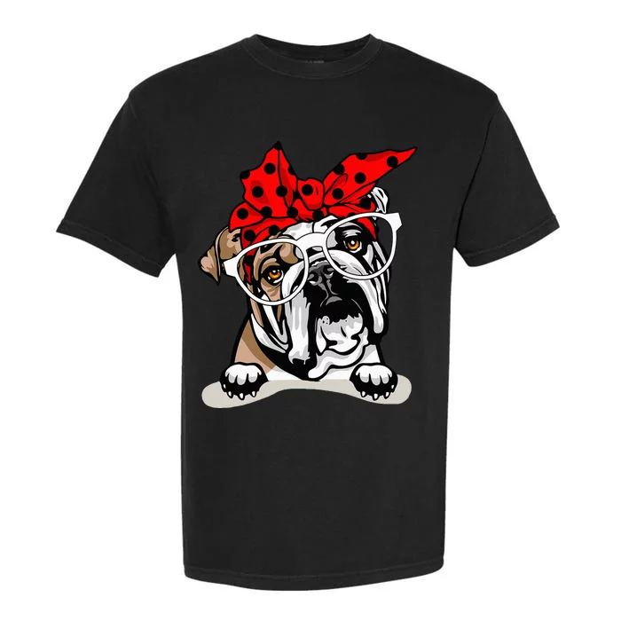 Cute English Bulldog Xmas Red Plaid Headband And Glasses Garment-Dyed Heavyweight T-Shirt