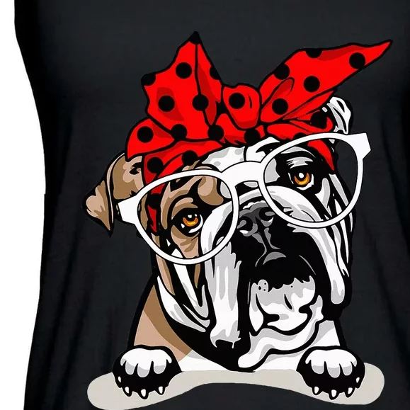 Cute English Bulldog Xmas Red Plaid Headband And Glasses Ladies Essential Flowy Tank