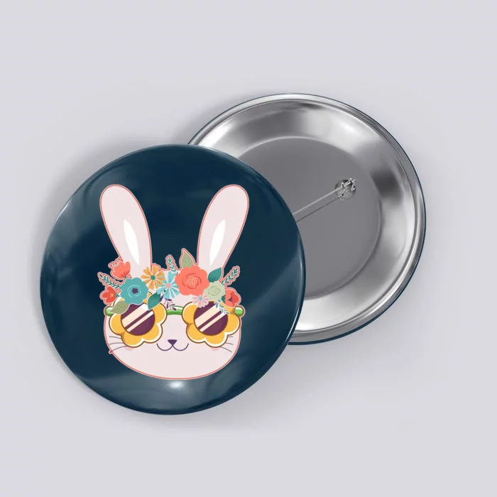 Cute Easter Bunny With Flower Crown And Sunglasses Button