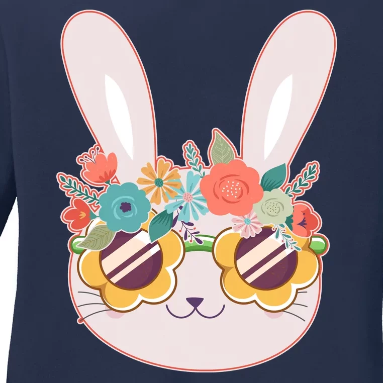 Cute Easter Bunny With Flower Crown And Sunglasses Ladies Long Sleeve Shirt